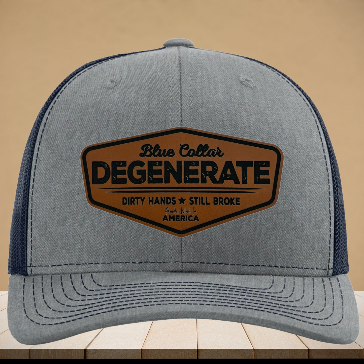 Blue Collar Degenerates Leather Patch Hat - Custom Leather Patch Trucker Cap for Hardworking Souls - Build Your Hat