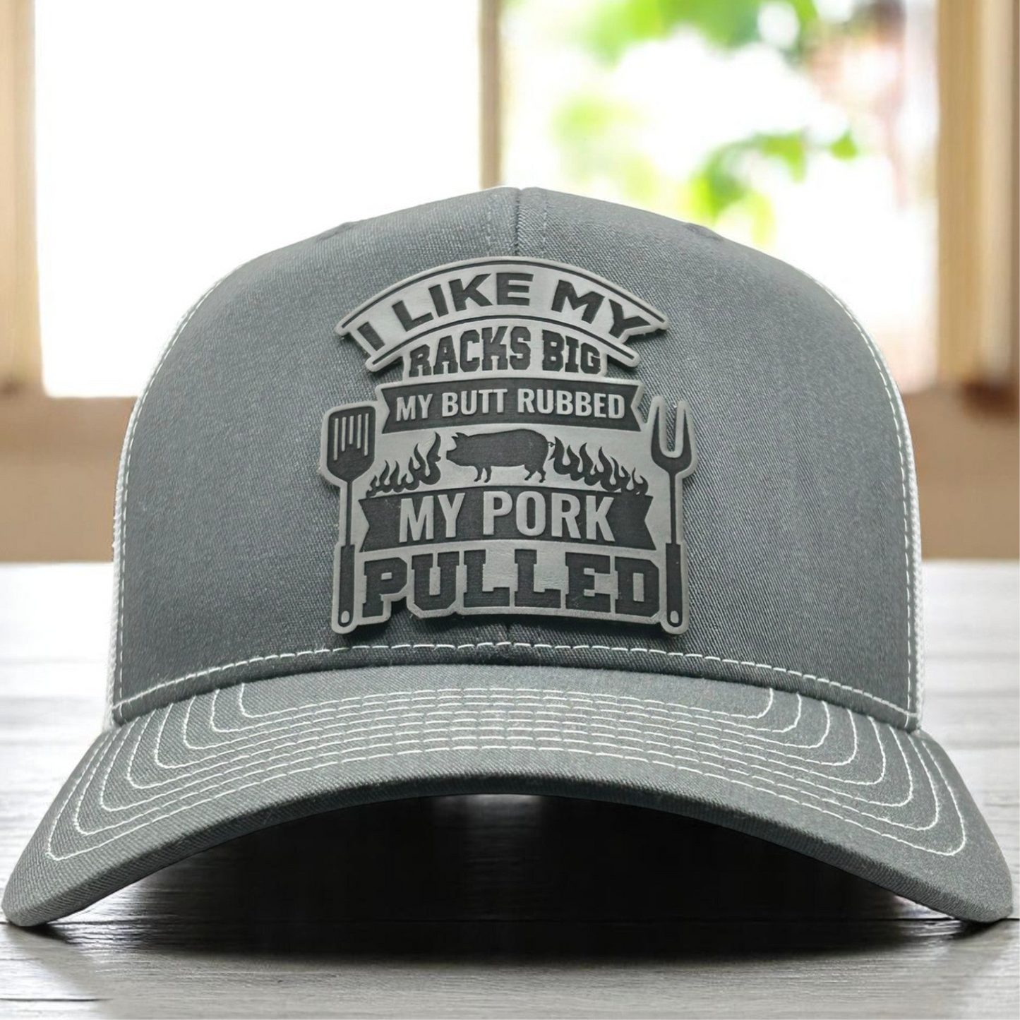 Funny BBQ Leather Patch Hat - Custom Engraved Trucker Hat for BBQ Lovers - Build Your Hat