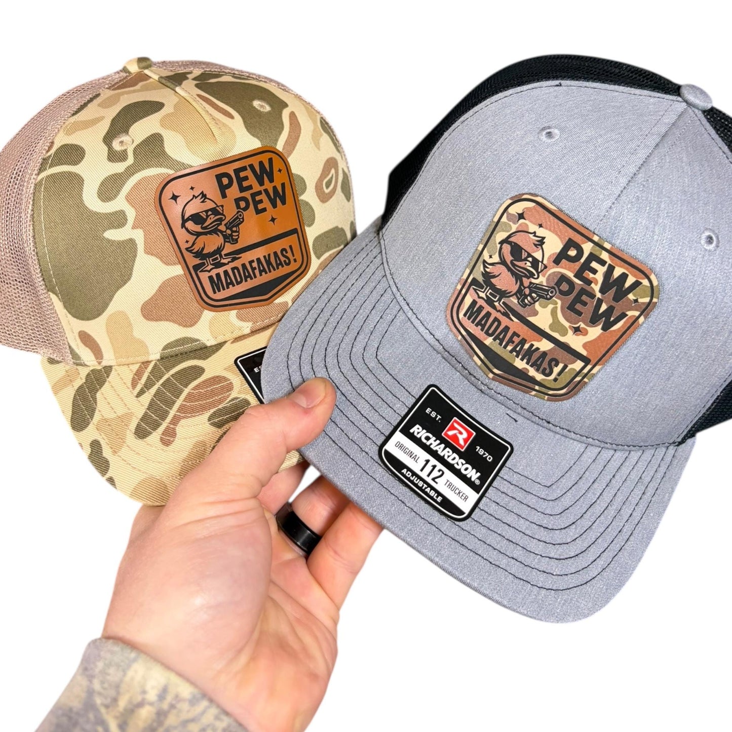 Pew Pew Madafakas Richardson 112 Leather Patch Trucker Hat