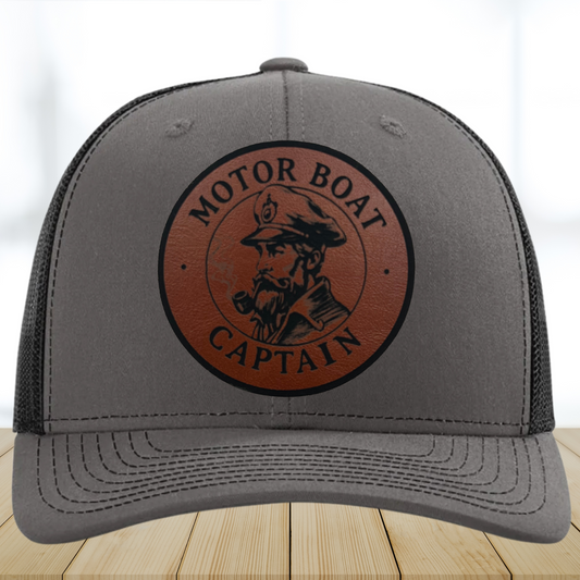 Funny Motor Boat Captain Hat - Leather Patch Trucker Cap for the Weekend Captains - Funny Gift