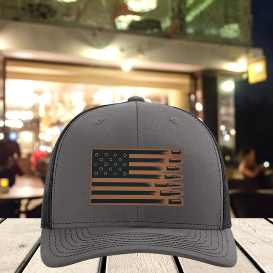 American Flag Bullets Hat – Patriotic Trucker Hat – 2A Patch Hat – USA Flag Hat with Ammo Design – Gift for Gun Lovers & Veterans