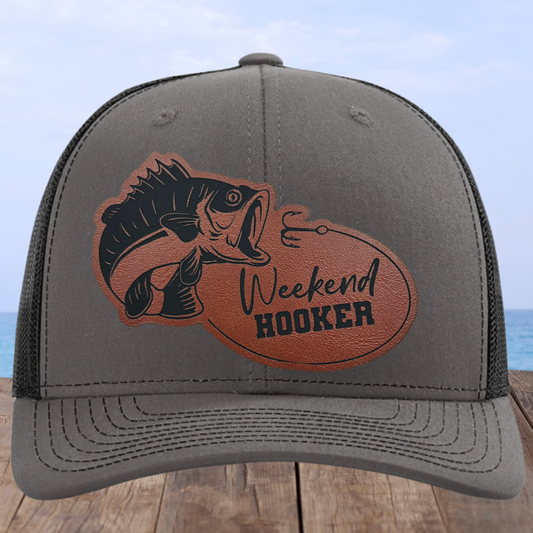 Funny "Weekend Hooker" Fishing Hat - Custom Leather Patch Hat for Anglers - Build Your Hat