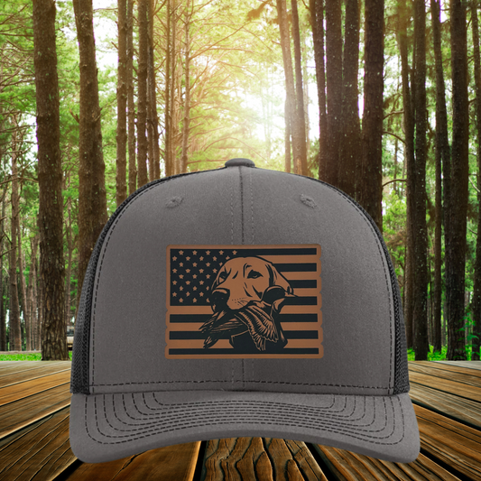 American Flag Lab & Duck Hat – Patriotic Hunting Hat – Dog Lover Trucker Hat – USA Flag Patch Hat – Duck Hunting Gift