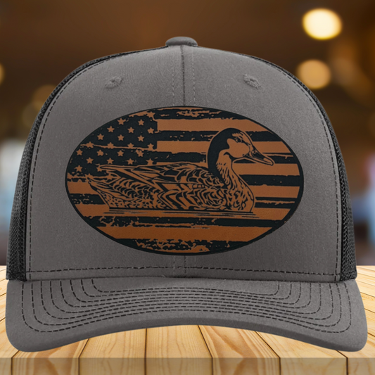 Flag Duck Hat - Custom Leather Patch Trucker Hat for Patriotic Hunters