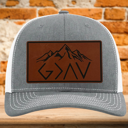 God Is Greater Leather Patch Trucker Cap - Faith Inspired Gift Idea - Build Your Hat