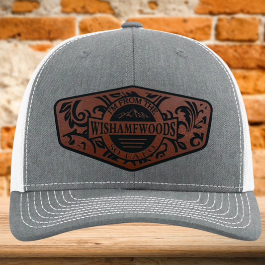 Wishamfwoods Hat - Funny Leather Patch Trucker Hat for the Free Spirits