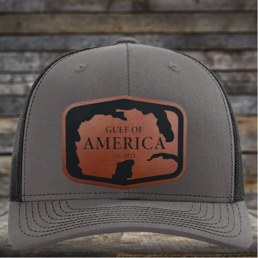 Gulf of America Leather Patch Hat - Custom Trucker Cap with Engraved Leather Patch - Patriotic Hat - Build Your Hat