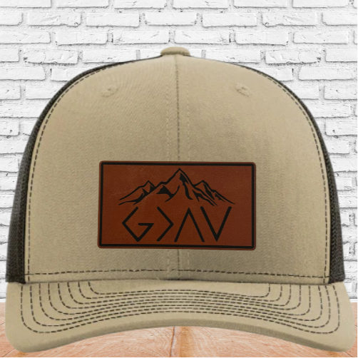 God Is Greater Leather Patch Trucker Cap - Faith Inspired Gift Idea - Build Your Hat