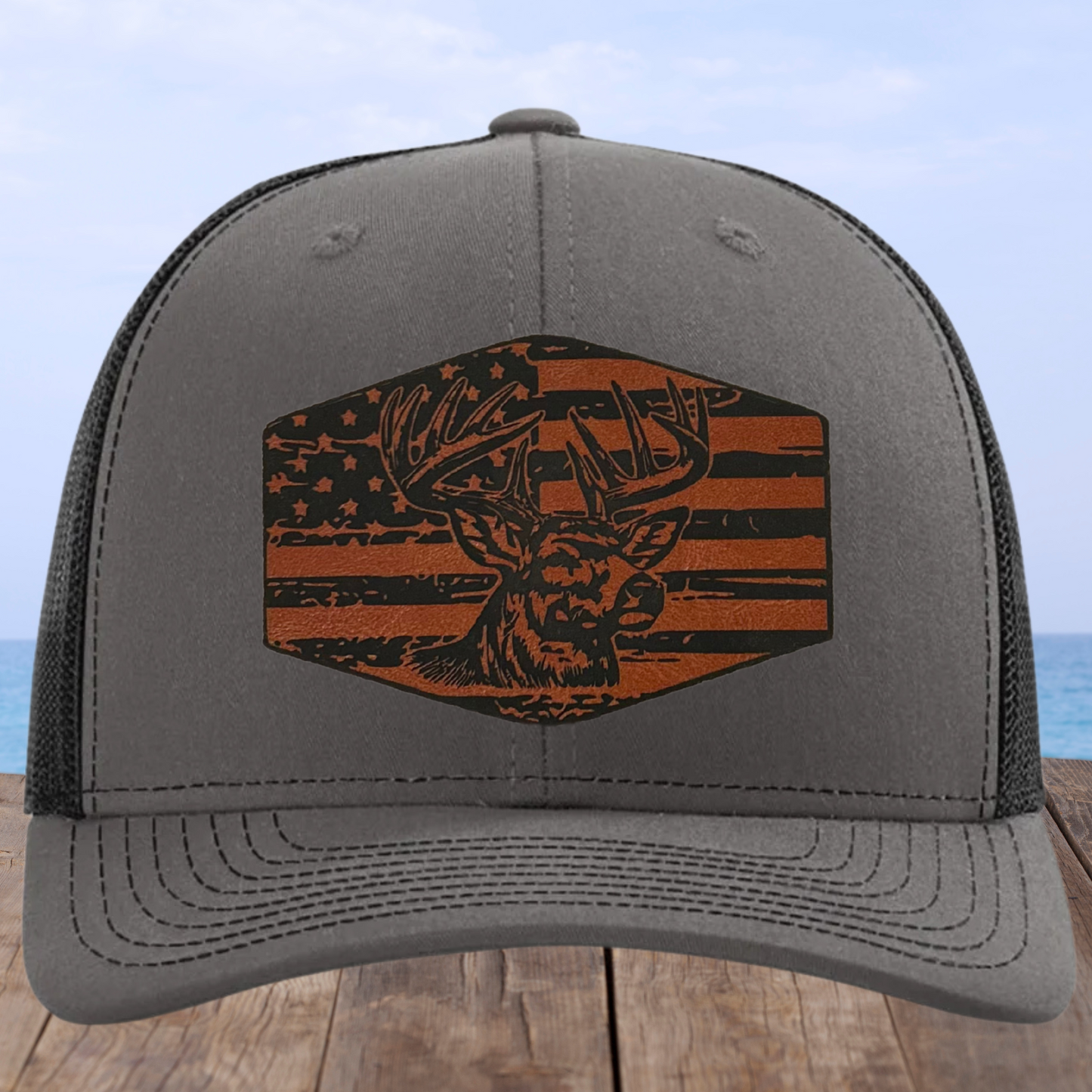 American Flag with Deer Leather Patch Hat, Patriotic Hunting Cap, Adjustable Trucker Hat