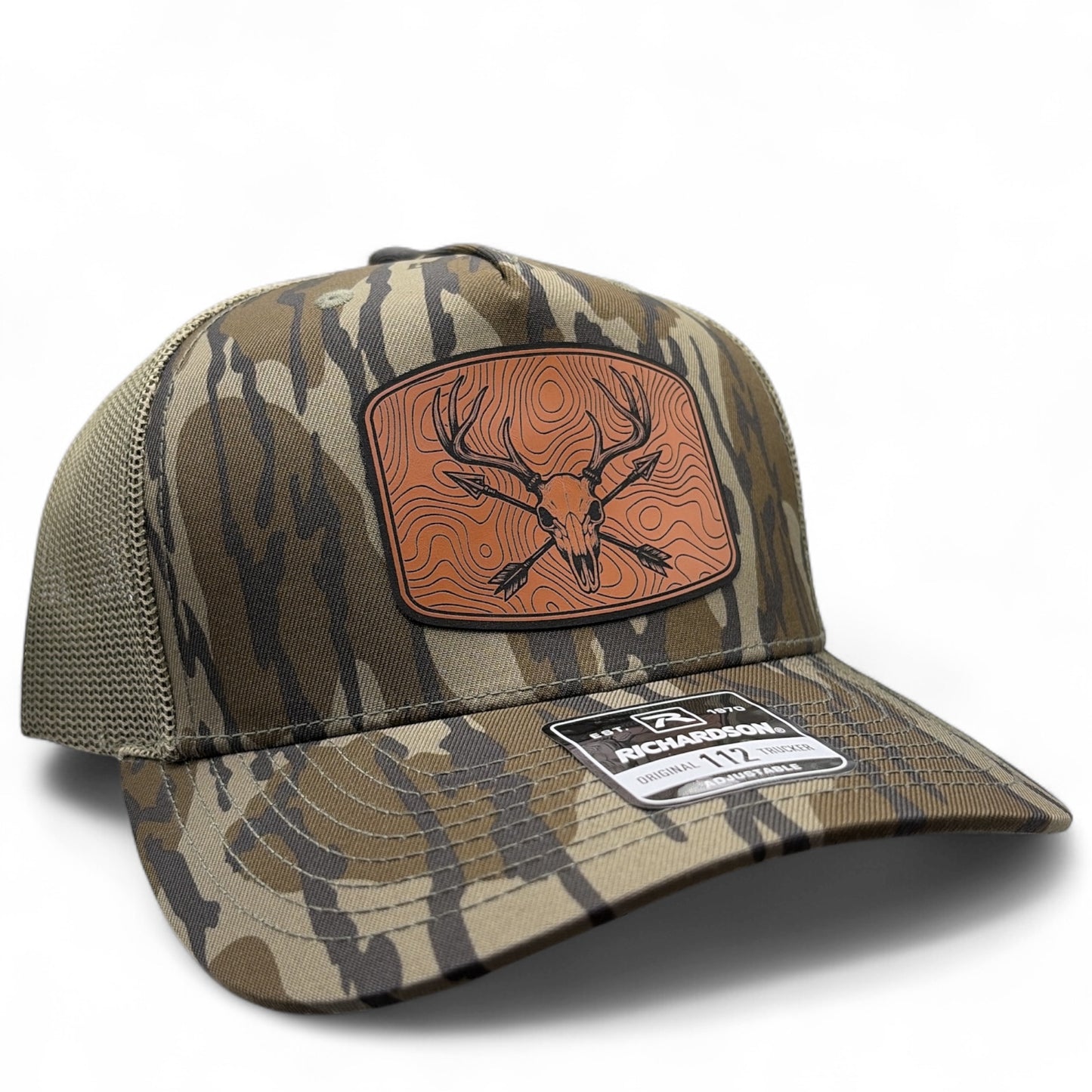 Deer Skull & Crossed Arrows - Richardson 112 Leather Patch Trucker Hat