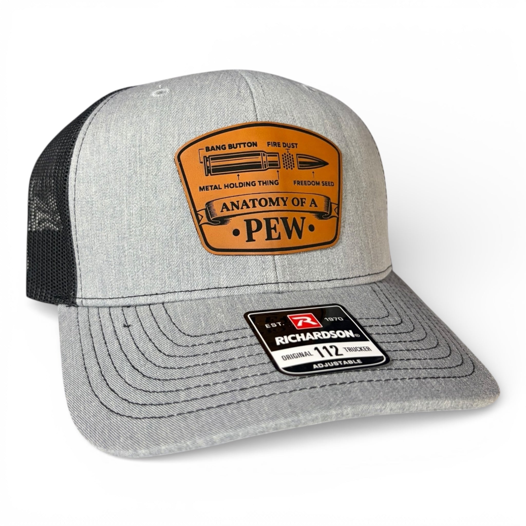 Anatomy of a Pew Leather Patch Hat, Funny 2A Gift for Men, Richardson 112 Trucker Hat, Gift for Him, Engraved Patch Cap, Adjustable Snapback