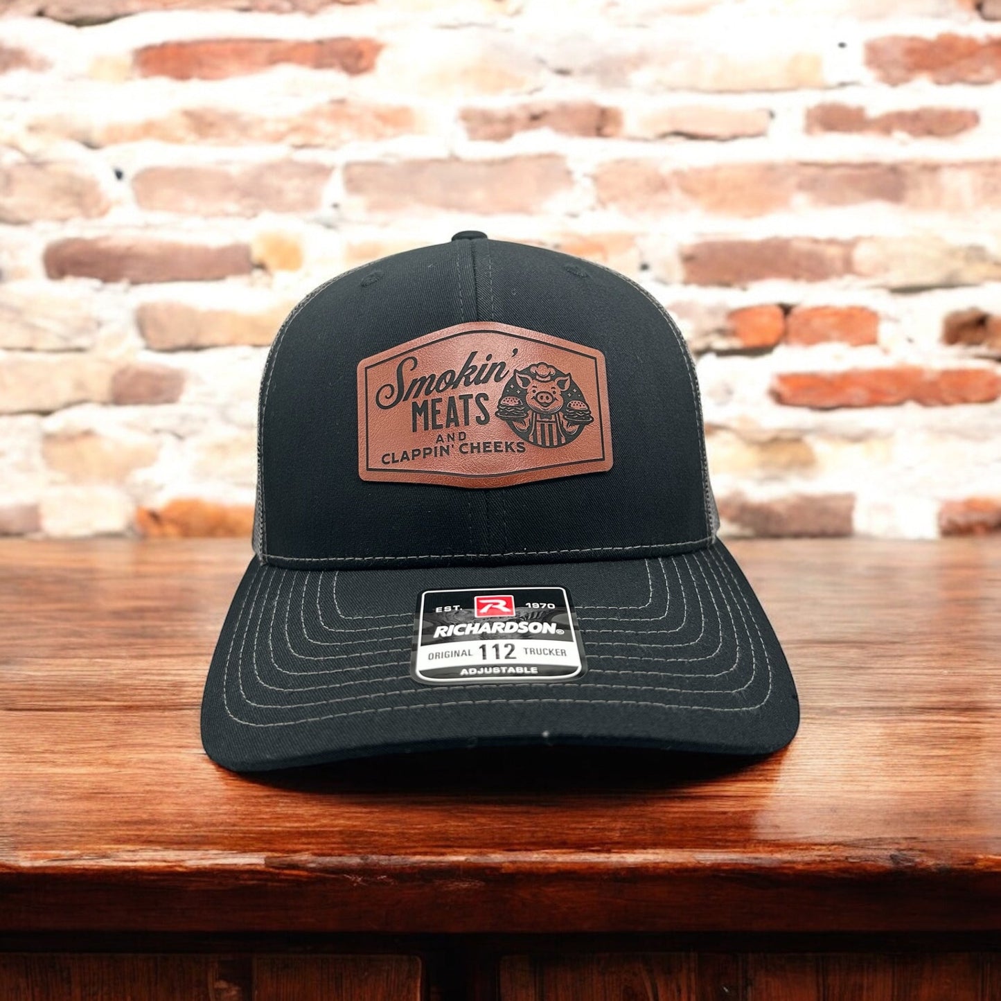 Smokin Meats and Clappin Cheeks Hat - Funny Cap - Richardson 112 Leather Patch Trucker Hat