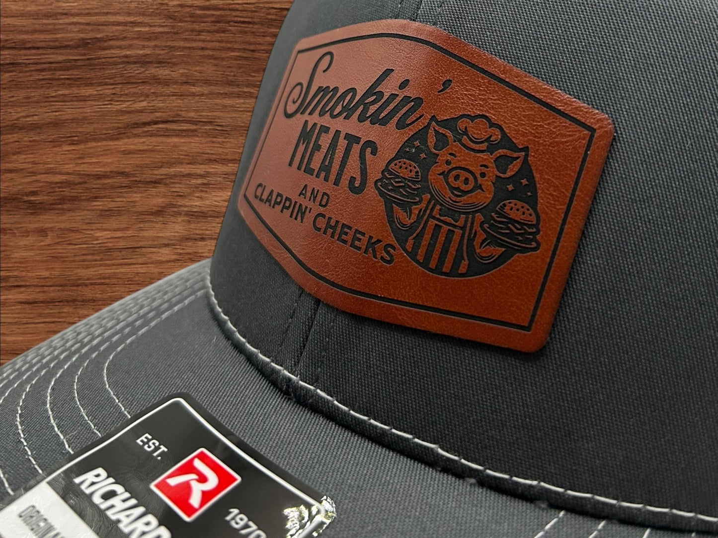 Smokin Meats and Clappin Cheeks Hat - Funny Cap - Richardson 112 Leather Patch Trucker Hat