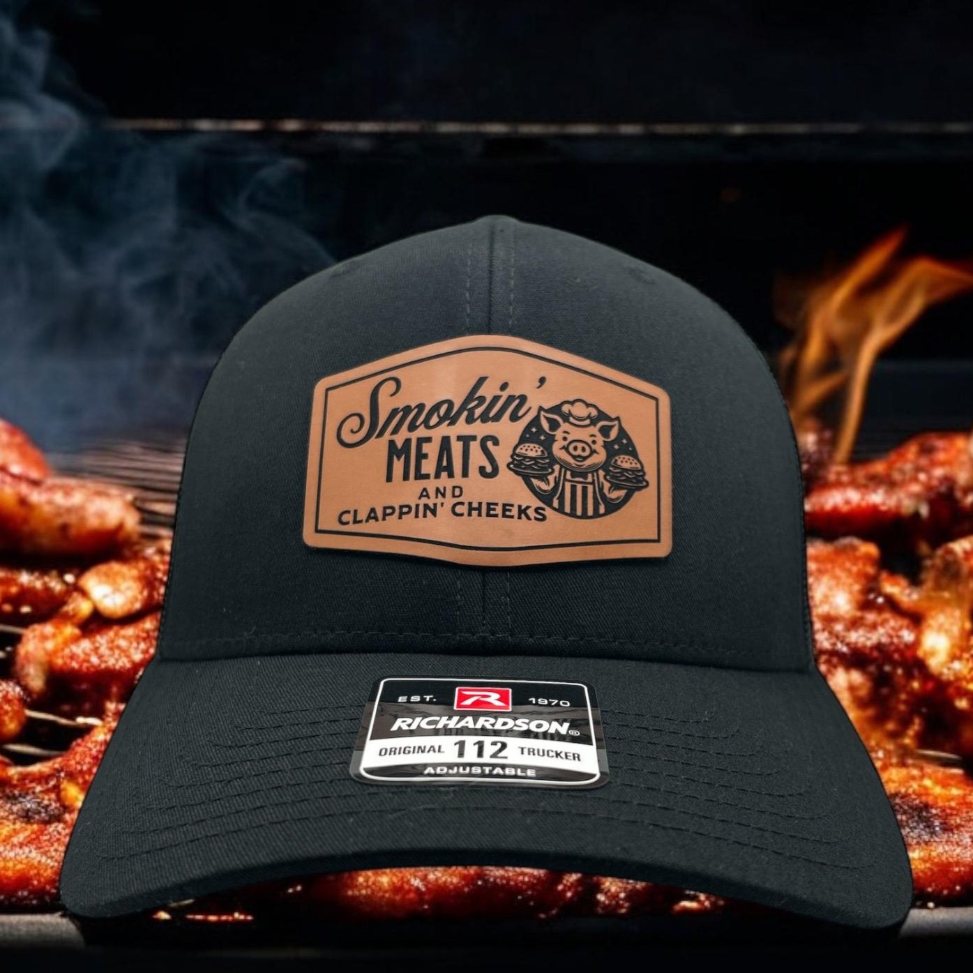 Smokin Meats and Clappin Cheeks Hat - Funny Cap - Richardson 112 Leather Patch Trucker Hat