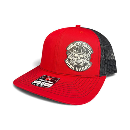 Nobody Cares Work Harder Trucker Hat  Engraved Leather Patch, Richardson 112