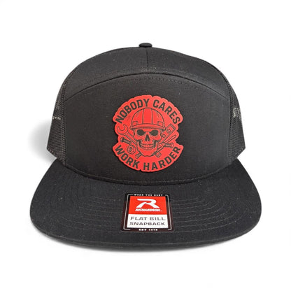 Nobody Cares Work Harder Trucker Hat  Engraved Leather Patch, Richardson 112