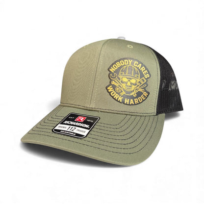 Nobody Cares Work Harder Trucker Hat  Engraved Leather Patch, Richardson 112