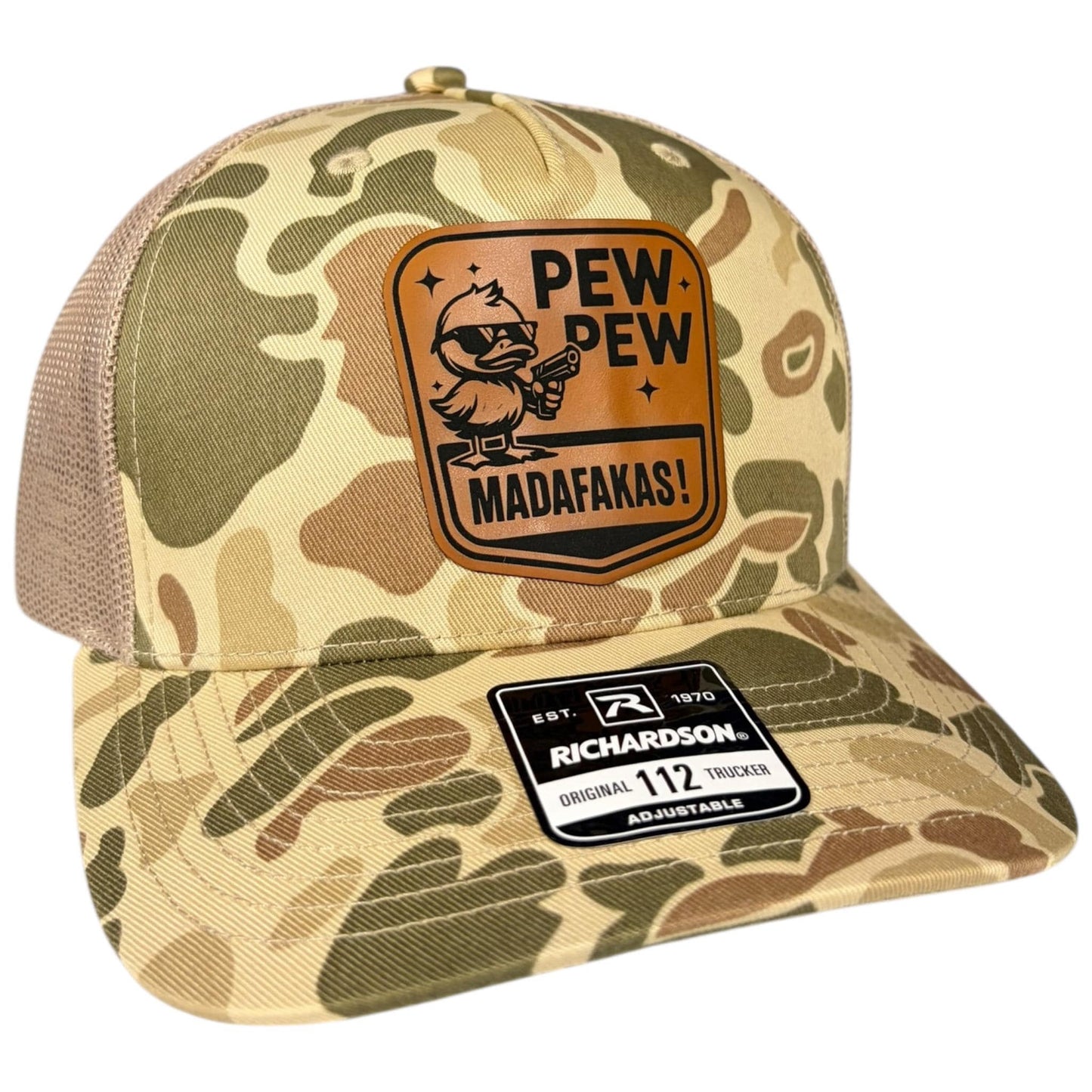Pew Pew Madafakas Richardson 112 Leather Patch Trucker Hat