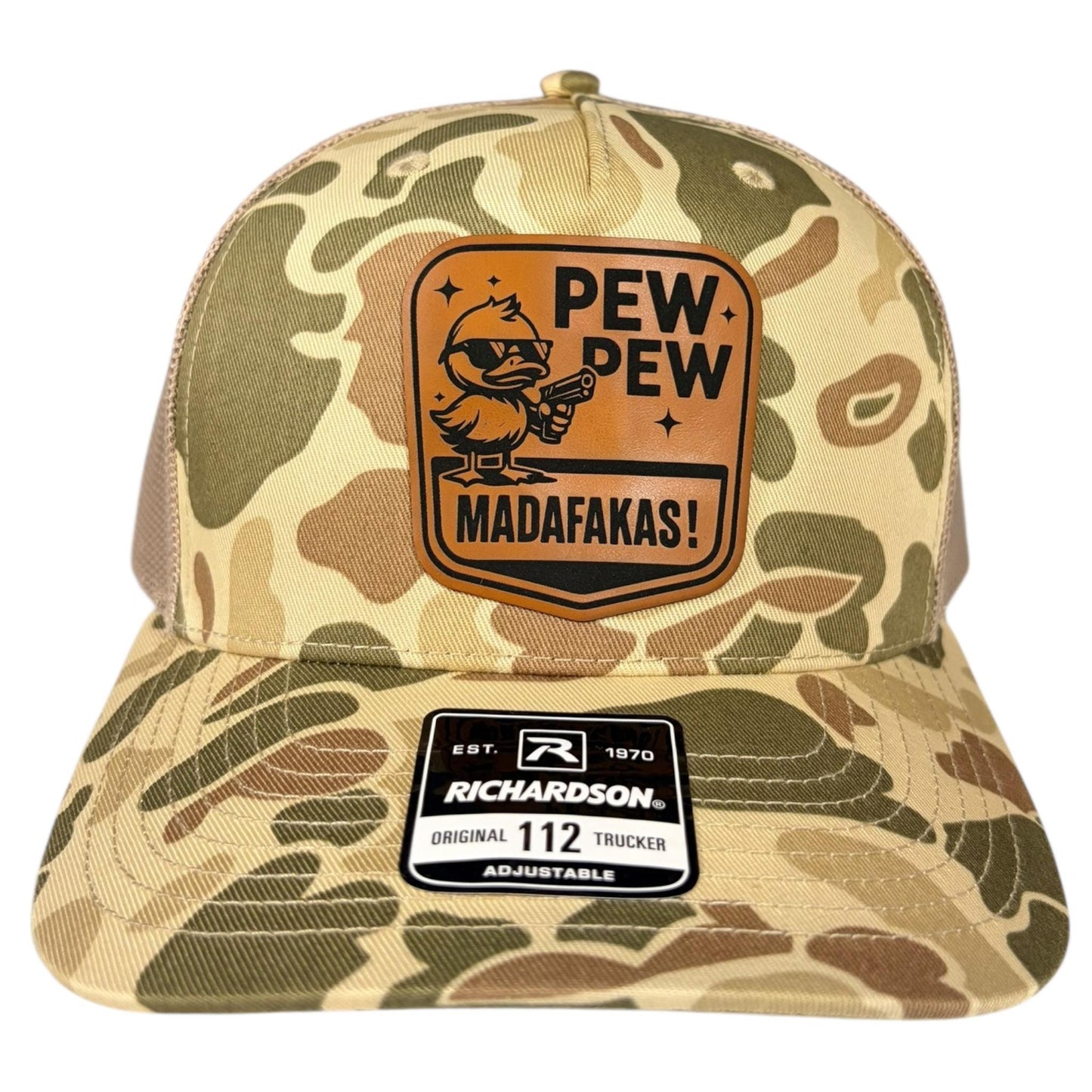 Pew Pew Madafakas Richardson 112 Leather Patch Trucker Hat