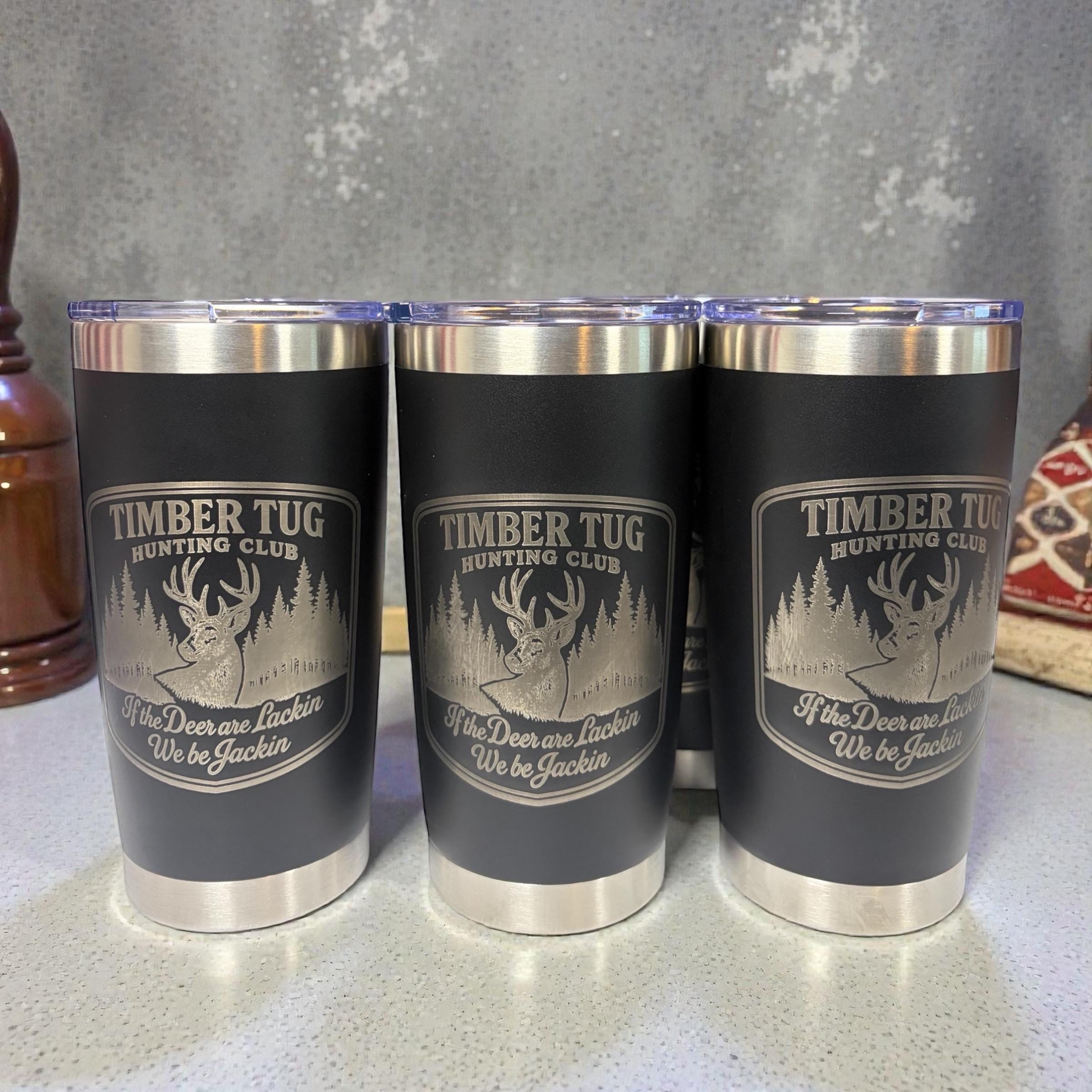 Timber Tug Hunting Club 20oz Laser Engraved Hunting Tumbler | Black Stainless Steel Cup | Hunting Club Gift | Outdoorsman Drinkware