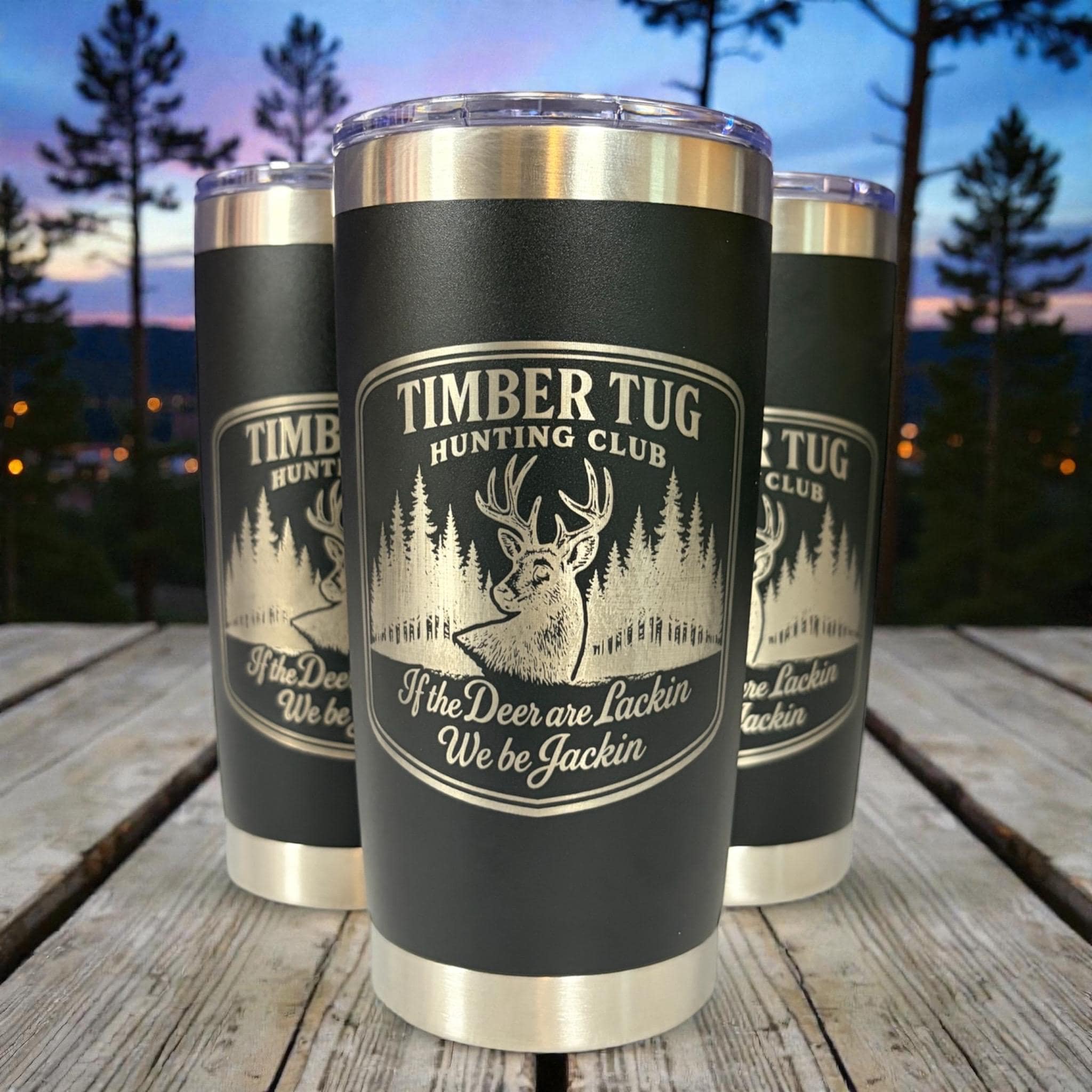 Timber Tug Hunting Club 20oz Laser Engraved Hunting Tumbler | Black Stainless Steel Cup | Hunting Club Gift | Outdoorsman Drinkware