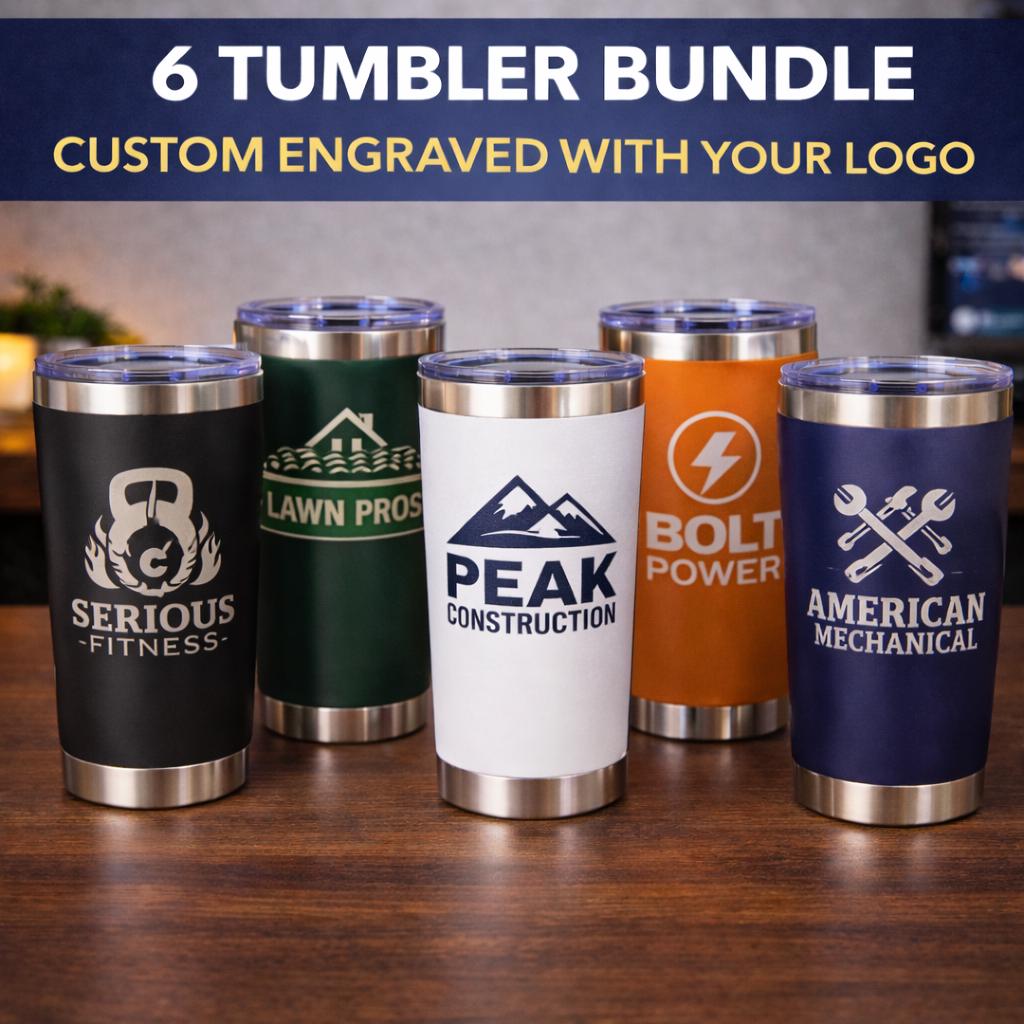 6 Custom Logo Tumblers | Engraved Stainless Steel Tumblers | Bulk Business Gifts | Company Branded Cups