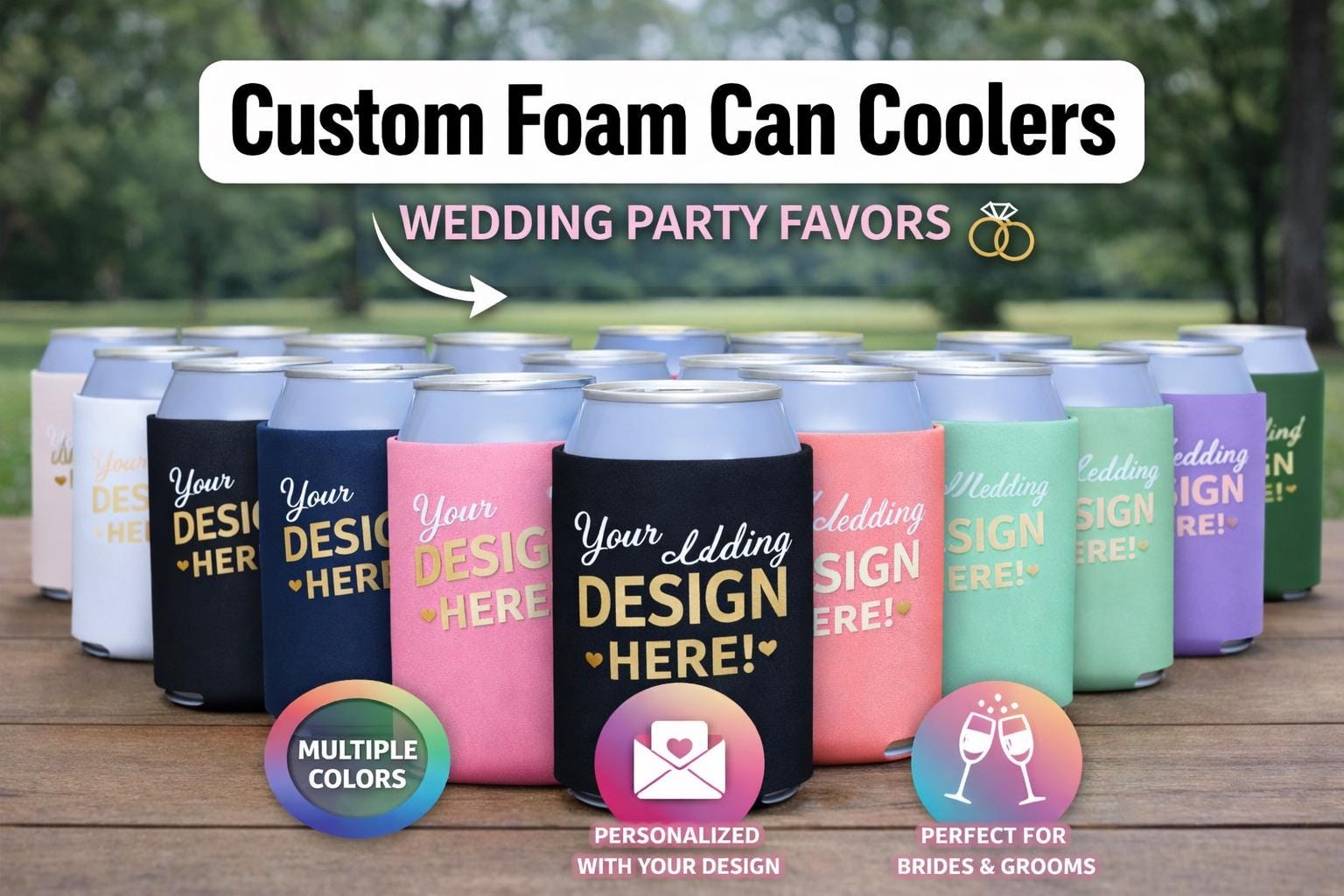 Custom Wedding Can Coolers with Your Logo | Personalized Foam Coozies | Wedding Party Favor Beer Holders | Bridesmaid Groomsmen Gift