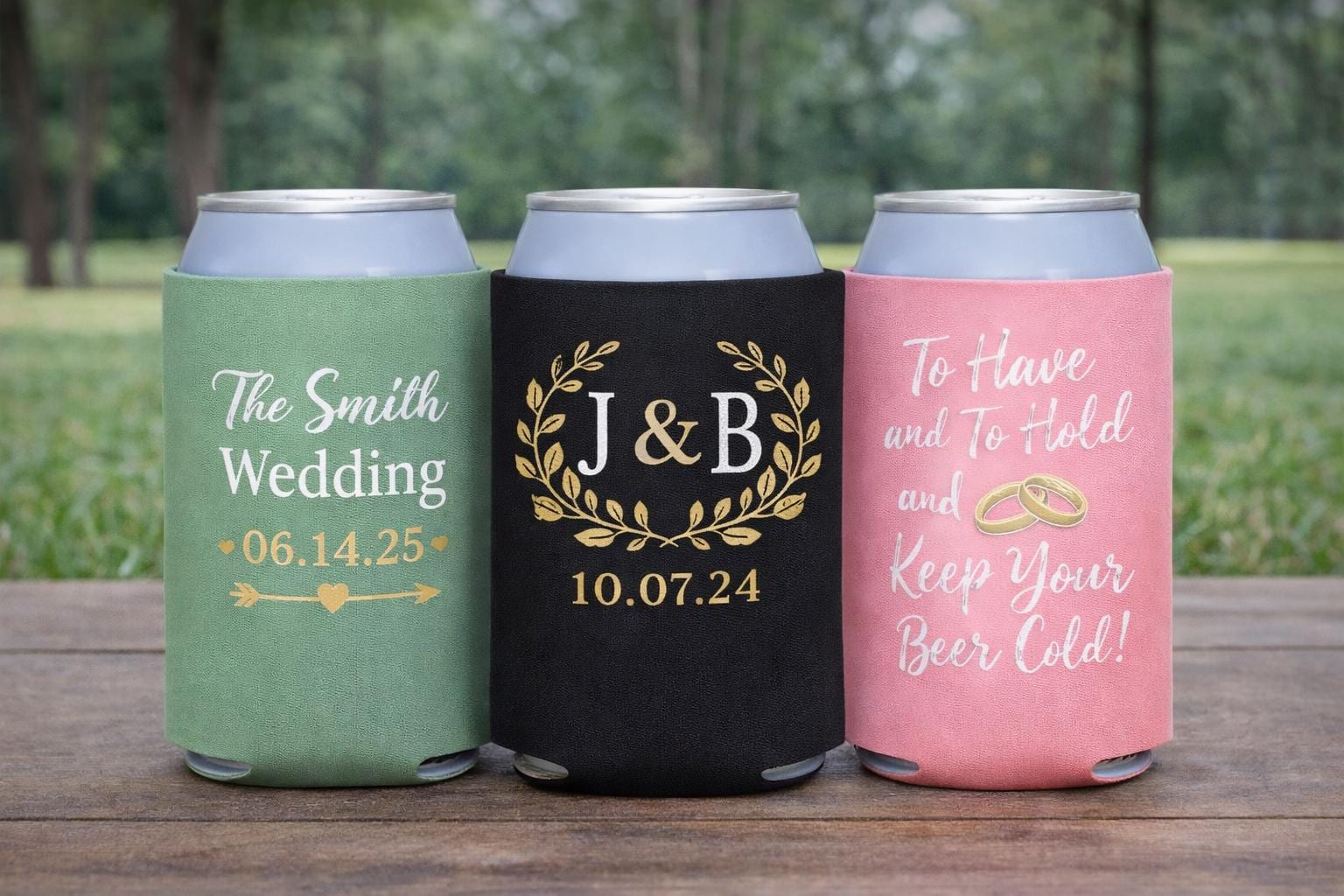 Custom Wedding Can Coolers with Your Logo | Personalized Foam Coozies | Wedding Party Favor Beer Holders | Bridesmaid Groomsmen Gift