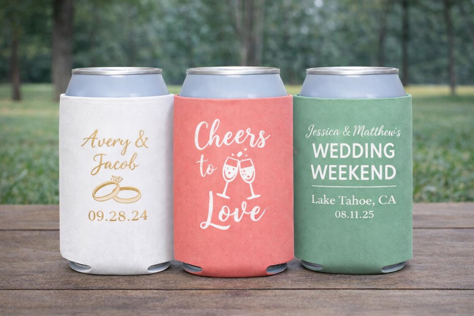 Custom Wedding Can Coolers with Your Logo | Personalized Foam Coozies | Wedding Party Favor Beer Holders | Bridesmaid Groomsmen Gift